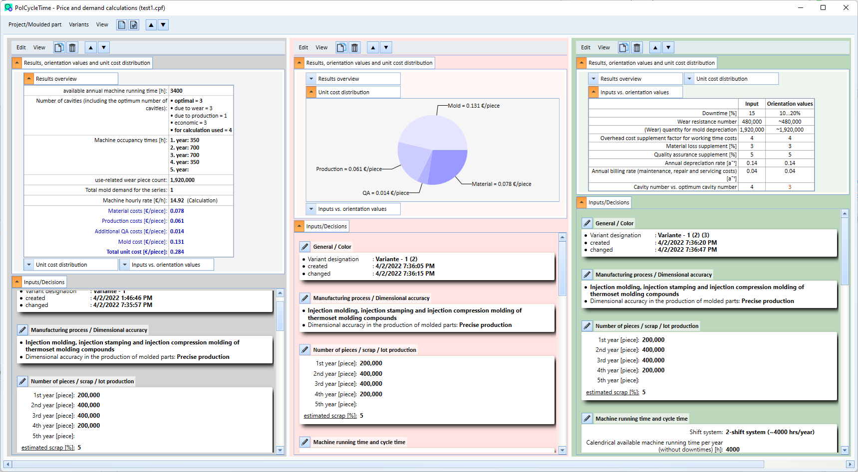 Project window with three variants