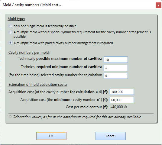Mould, cavity numbers, mould costs
